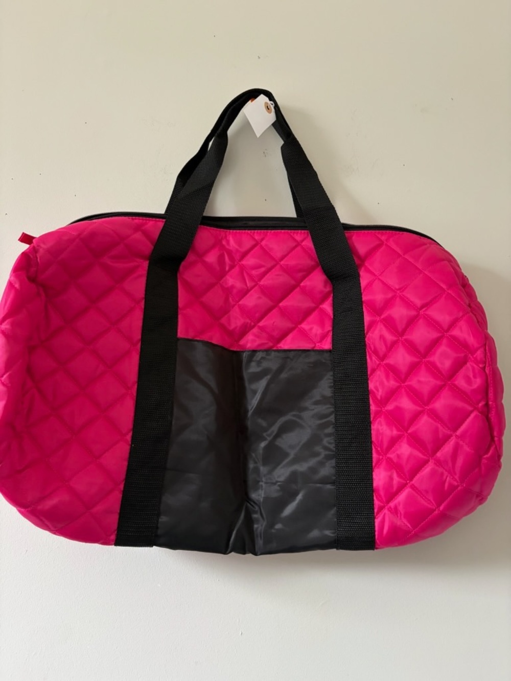 Quilted Hot Pink Travel Tote / Duffle Bag with Black Accents.